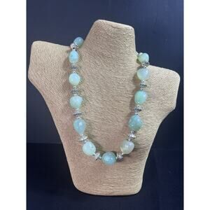 Aqua Blue & Green Precious Stones Silver Bead Necklace 20"